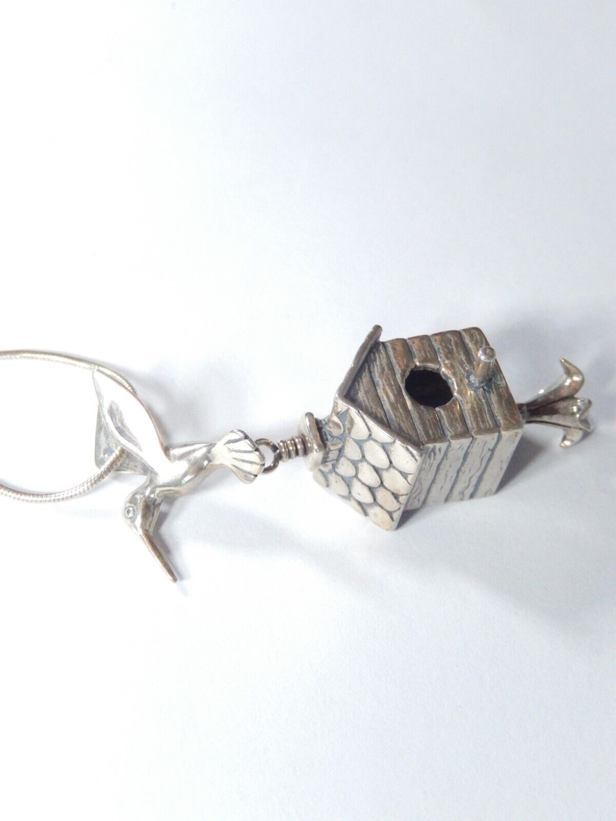 *VINTAGE*  Sterling Silver 3D Humming Bird w/ House and Moveable Bell w/24"chain