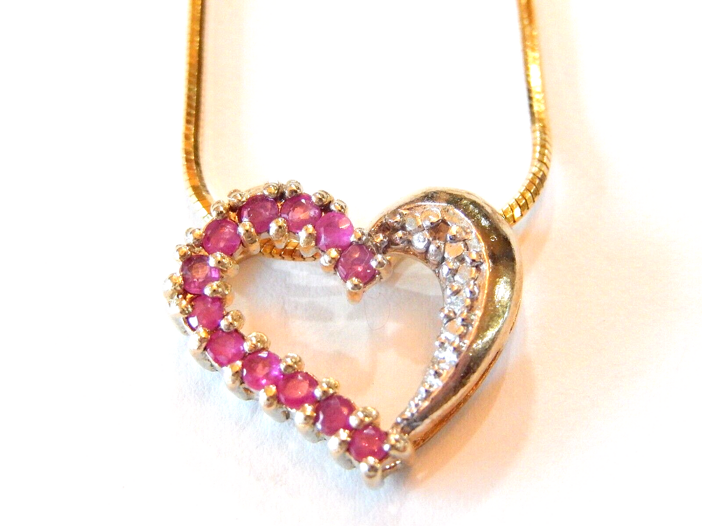 Gold Vermeil 925 Ruby  Diamond Heart Pendant Necklace w18 Smooth Chain