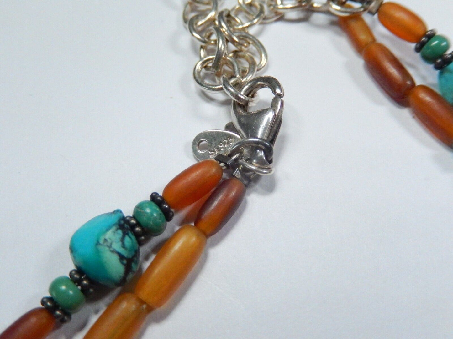 *VINTAGE* Sterling Silver 925 Turquoise Pendant On Beaded Necklace 16" - 18"
