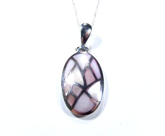 VINTAGE 925 Sterling Silver Multi-Color Mother-of-Pearl Oval Pendant w/18" chain