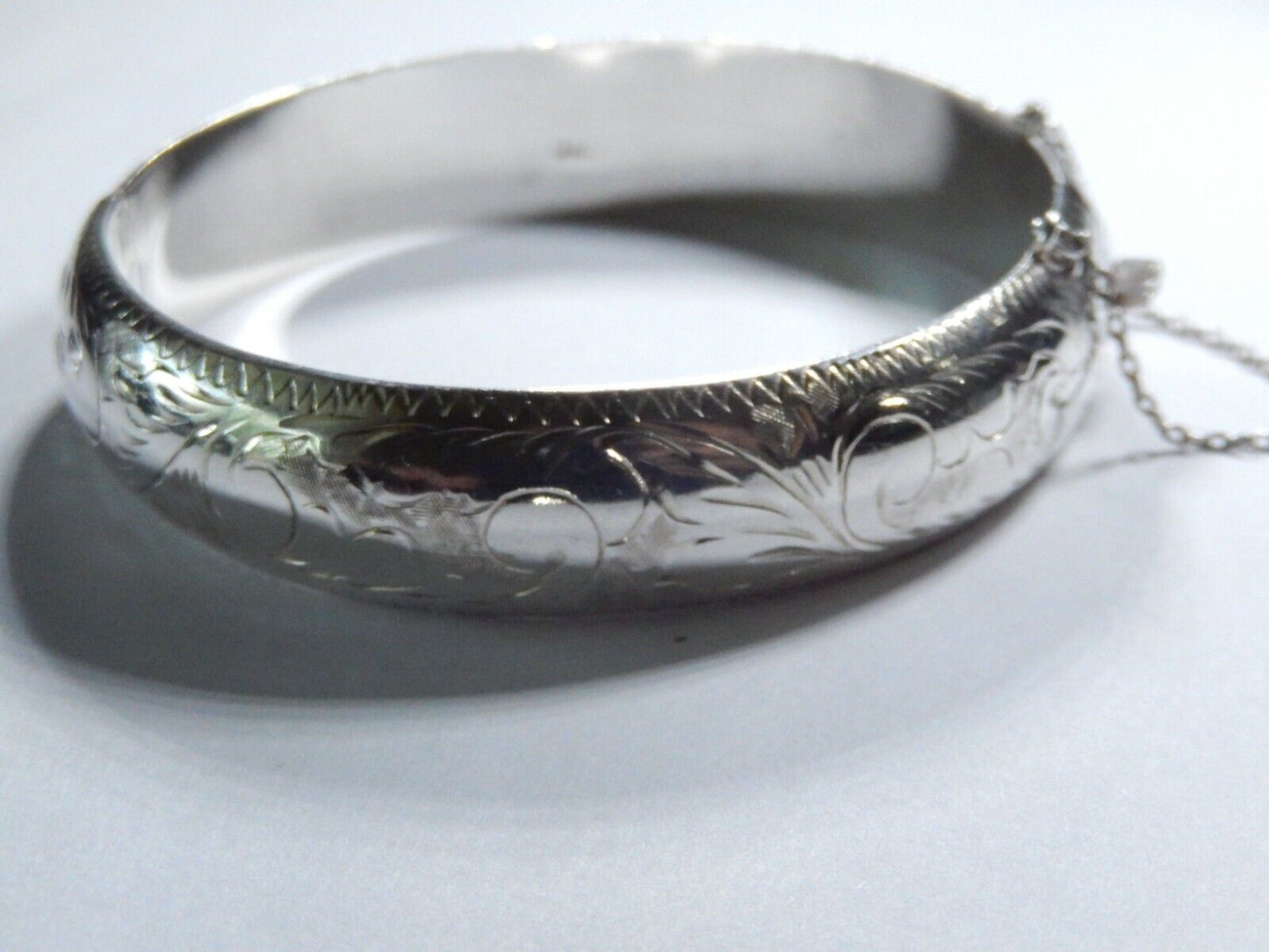 925 Sterling Silver Engraved Hinged Bangle Bracelet with Safety Chain 14 mm wide