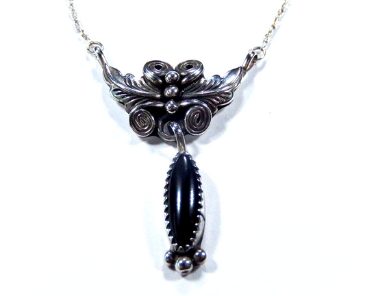 20" Sterling Black Onyx Native American Necklace Signed "RB" ( Running Bear )