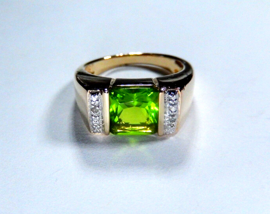 ROSS SIMONS GREEN PERIDOT GOLD VERMEIL DIAMOND STERLING SILVER RING Sz 7