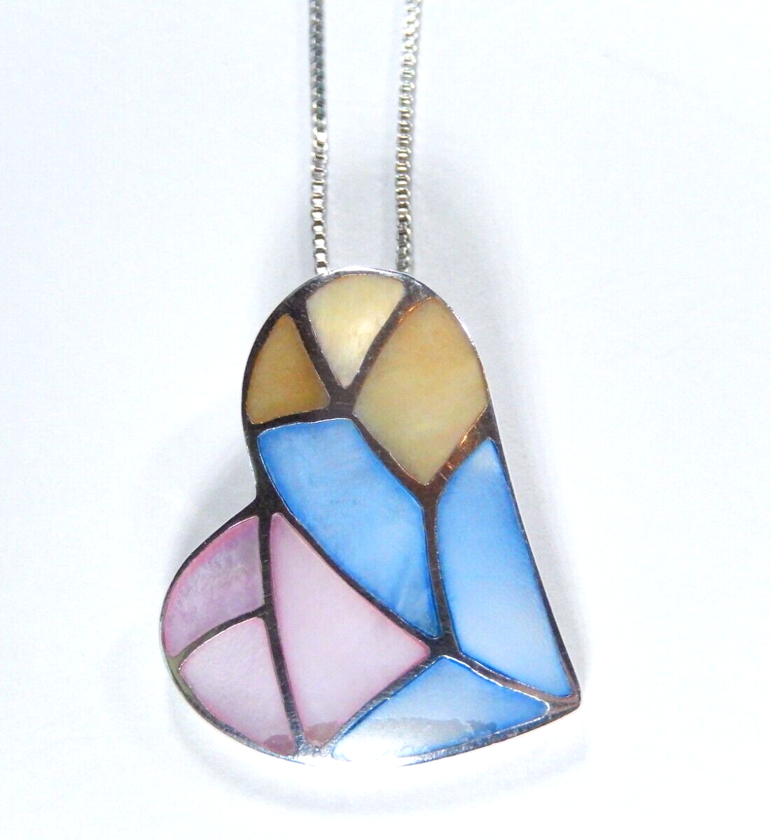 Multi Inlay Pink/Blue Mother Of Pearl Sterling Silver Heart Pendant w/18" Chain
