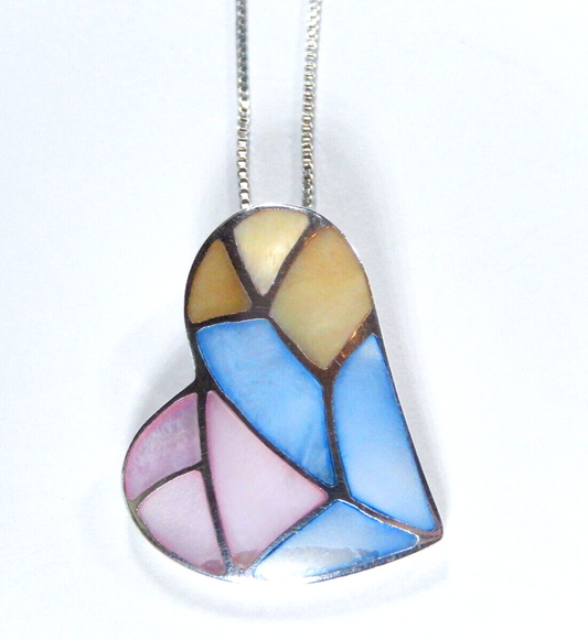 Multi Inlay Pink/Blue Mother Of Pearl Sterling Silver Heart Pendant w/18" Chain