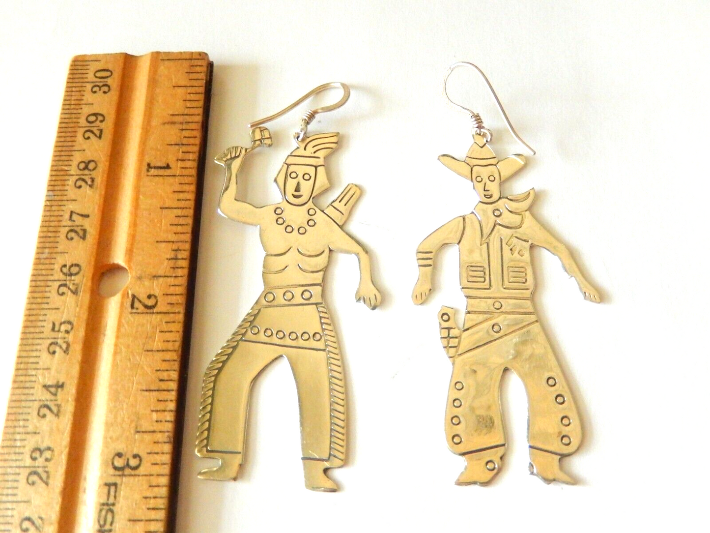 *VINTAGE*  Southwest Sterling 925 Native American & Cowboy Earrings 3" Tall