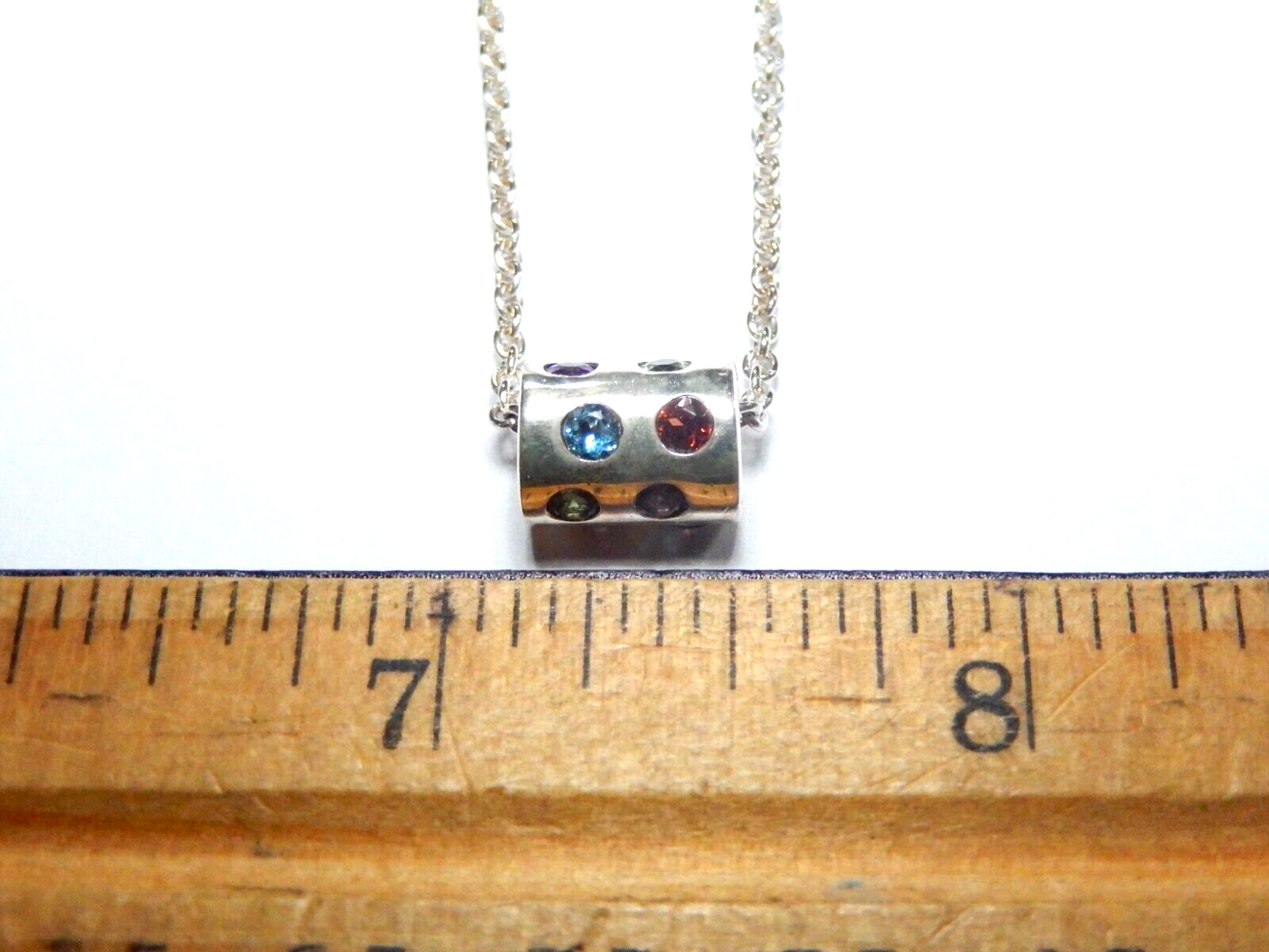 *VINTAGE*  Sterling Silver Rainbow Multi Gemstone Barrel Pendant w/16" Chain