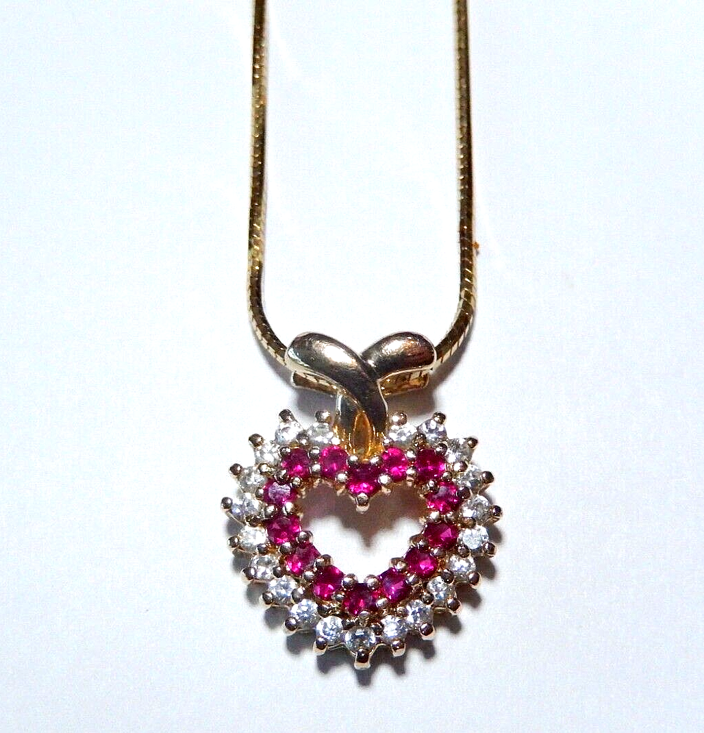 NEW Gold Vermeil 925  Ruby and CZ Heart Pendant w 18 Vermeil Chain