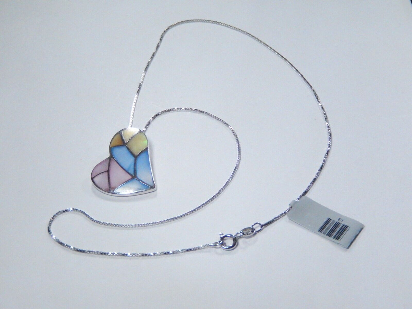 Multi Inlay Pink/Blue Mother Of Pearl Sterling Silver Heart Pendant w/18" Chain