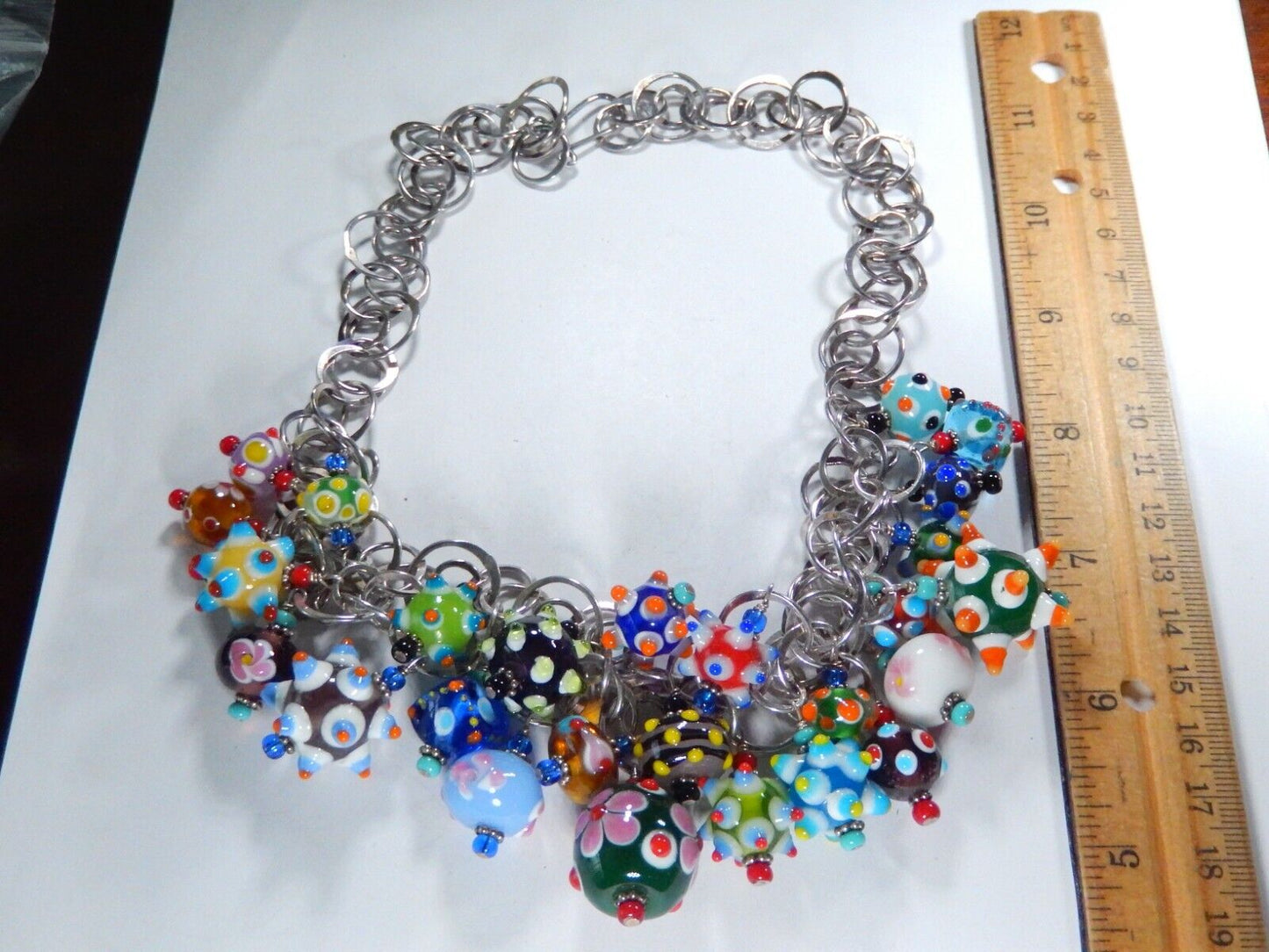 *VINTAGE* RARE  Sterling Silver Italian Murano Art Glass Bead Necklace 16”- 174g