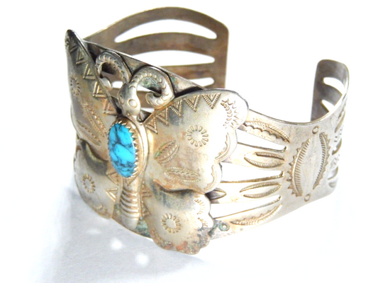 VINTAGE Bell Trading Post Nickel Silver Turquoise Butterfly 6 3/4" Cuff Bracelet
