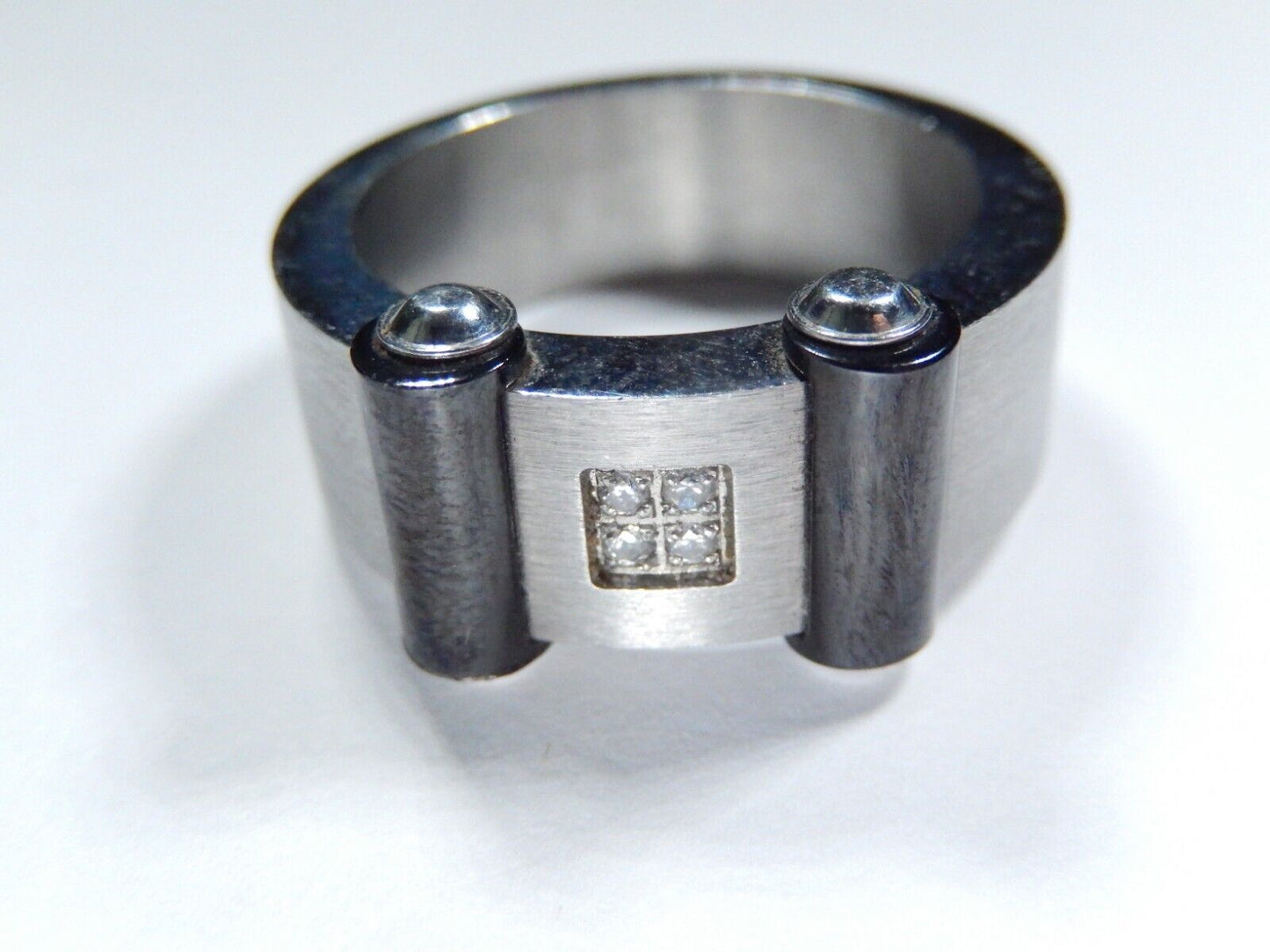 NICE THICK Brushed Stainless Steel 9mm Black IP Plated CZ Band Size 9.75