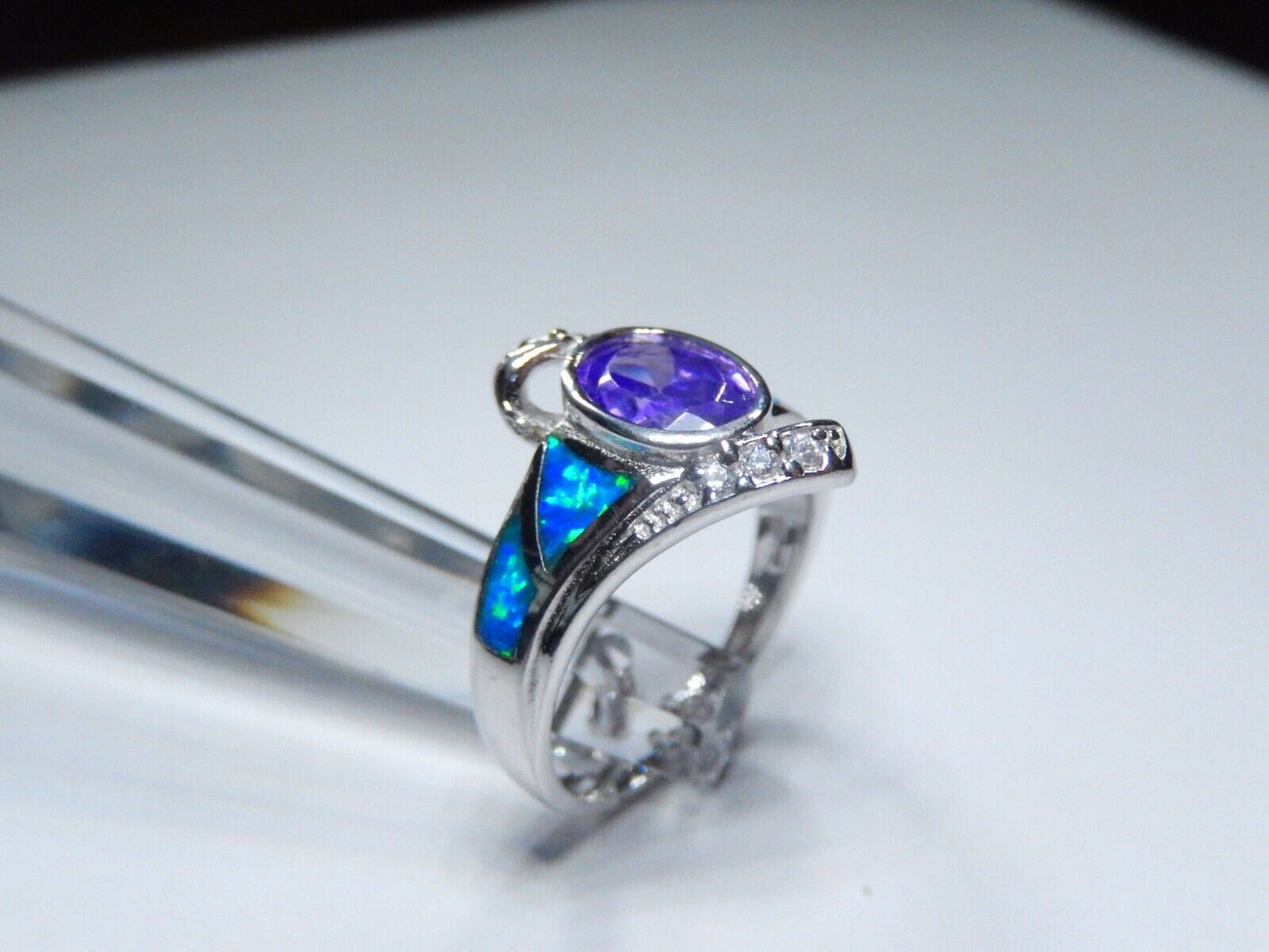 Amethyst & Blue Fire Opal Inlay with CZ Accents 925 Sterling Silver Ring sz 7