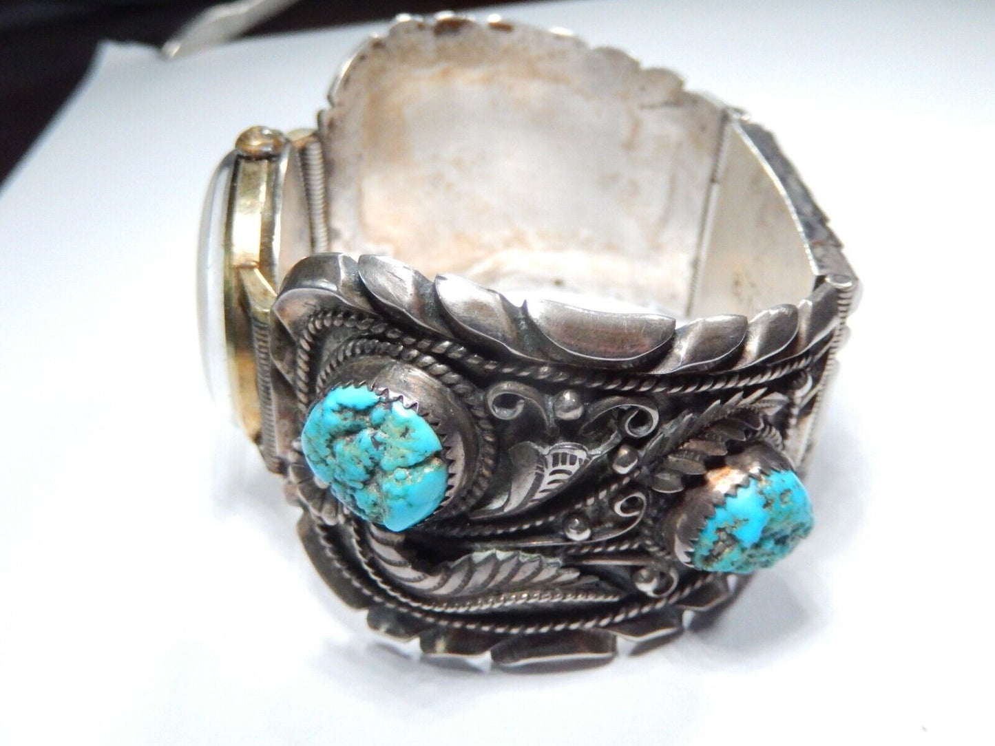 *VINTAGE* Navajo B. Nez Sterling Silver Turquoise Watch Bracelet  116.4 grams