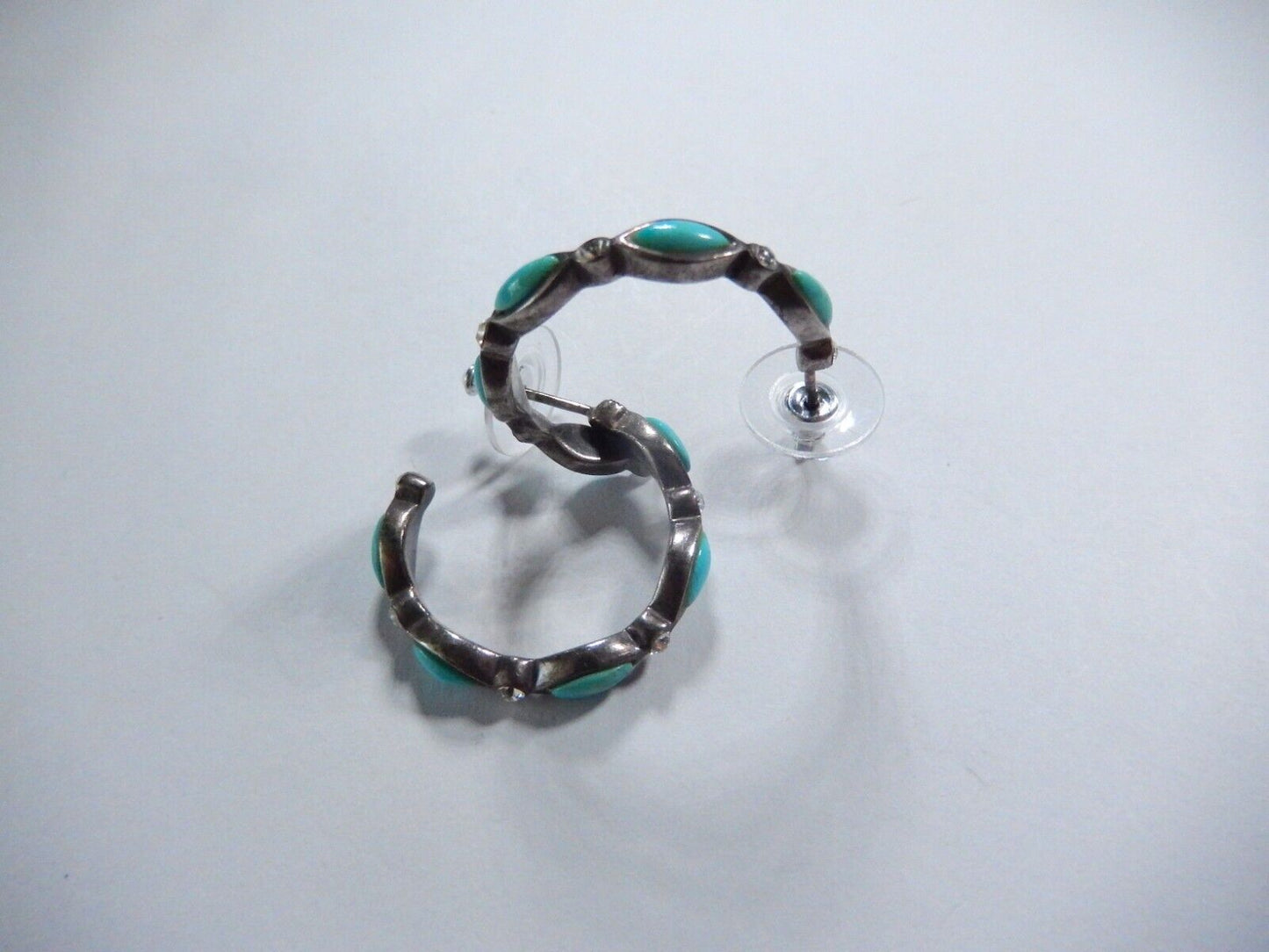 *VINTAGE*  BARSE Sterling Silver w/Turquoise & CZ Hoop Pierced Earrings