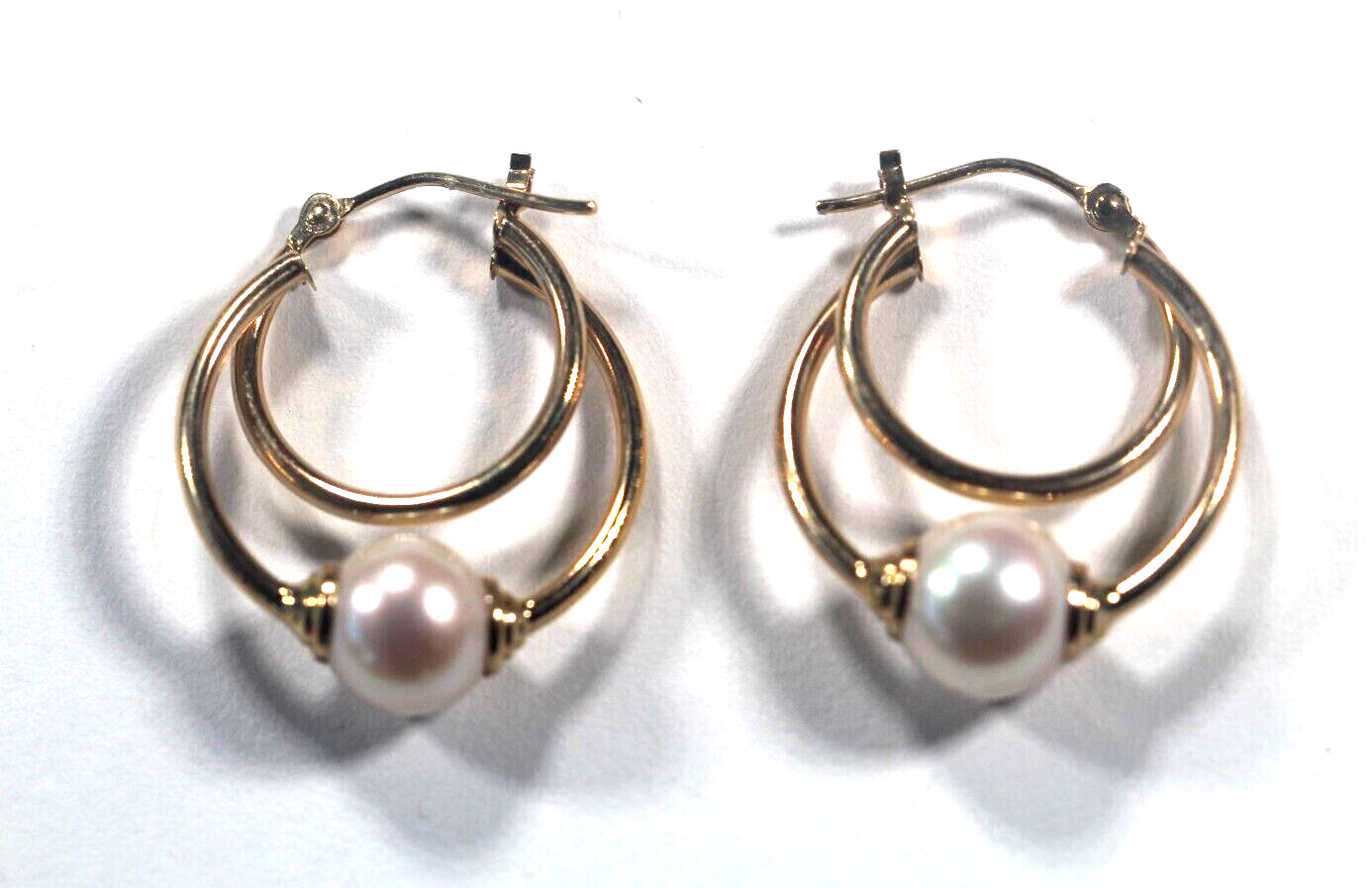 Solid 14K Yellow Gold 20 mm Double Hoop 8 mm Round Pearl Earrings