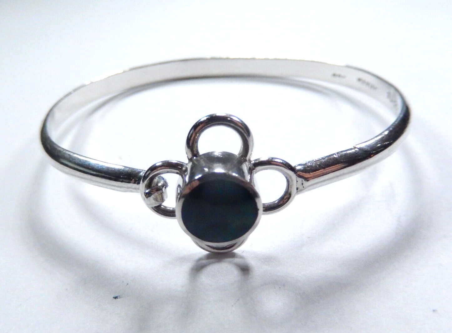 Vintage Taxco Mexico Sterling Silver Malachite Hook Clasp Bangle Bracelet
