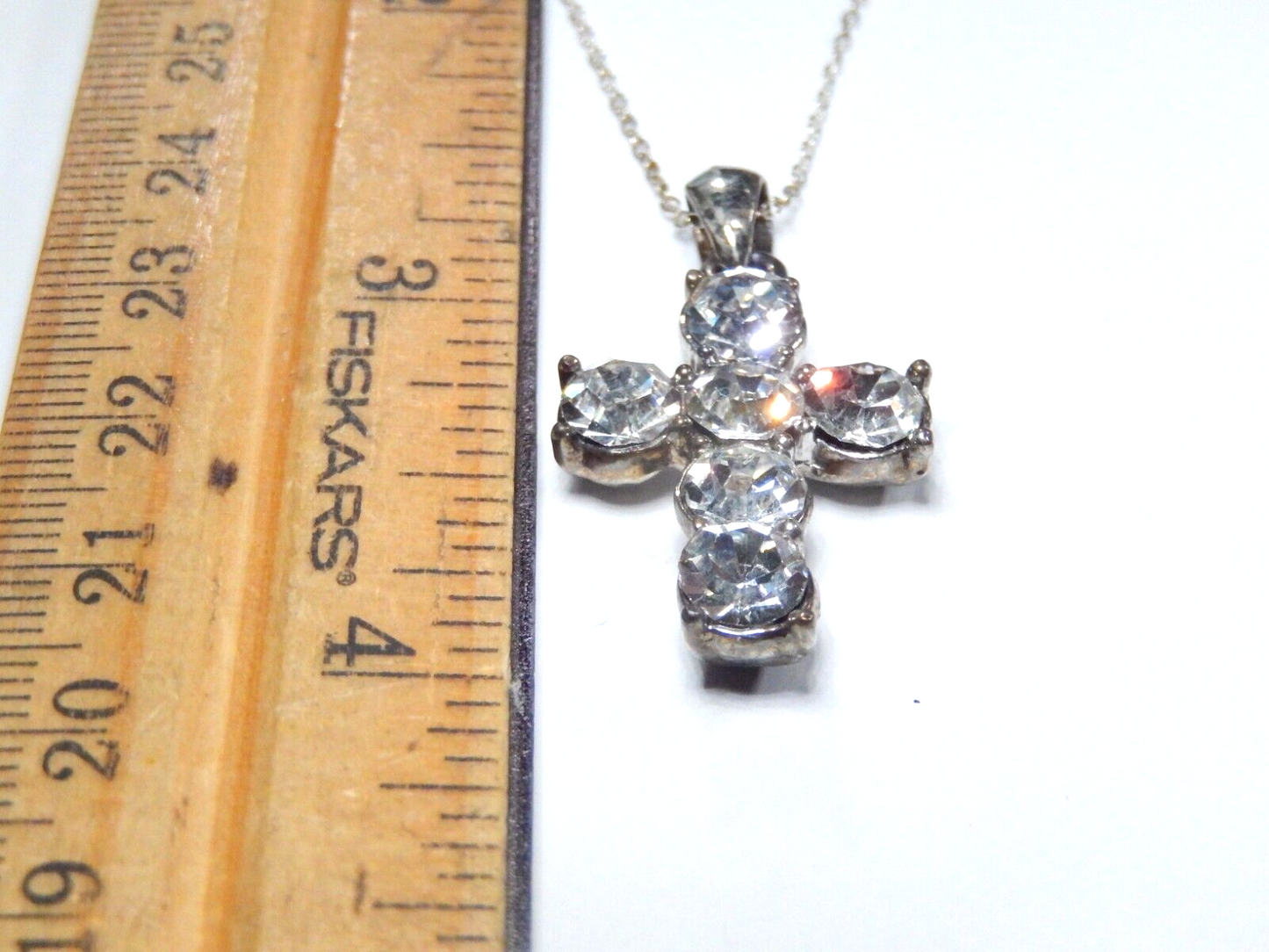 *VINTAGE*  Silver Tone  Cz Stone Cross Pendant w/ 18" Sterling Silver Chain
