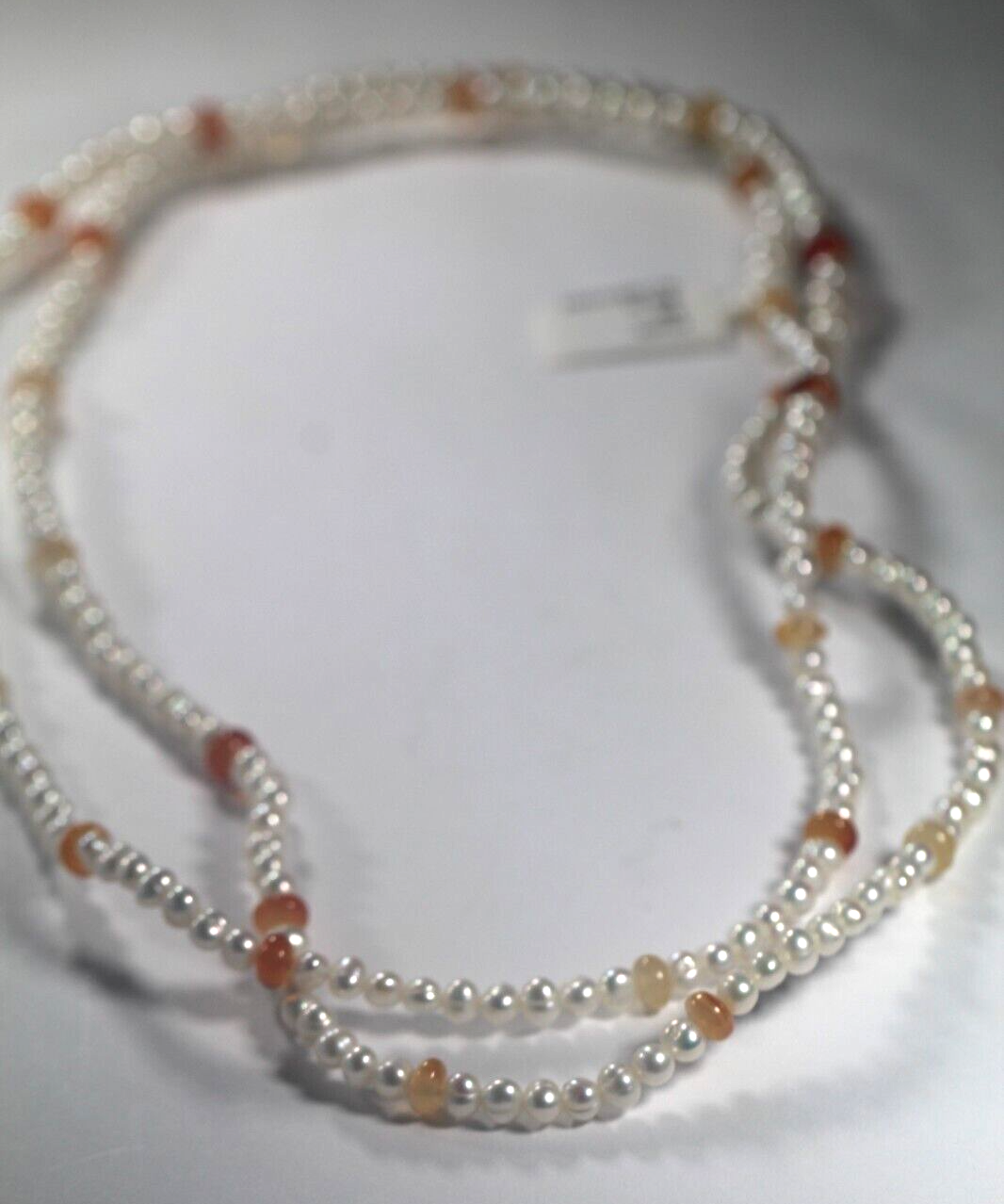 *NEW* Long 36" Real 4-5mm White Baroque Pearl & Orange Gemstone Beads Necklace