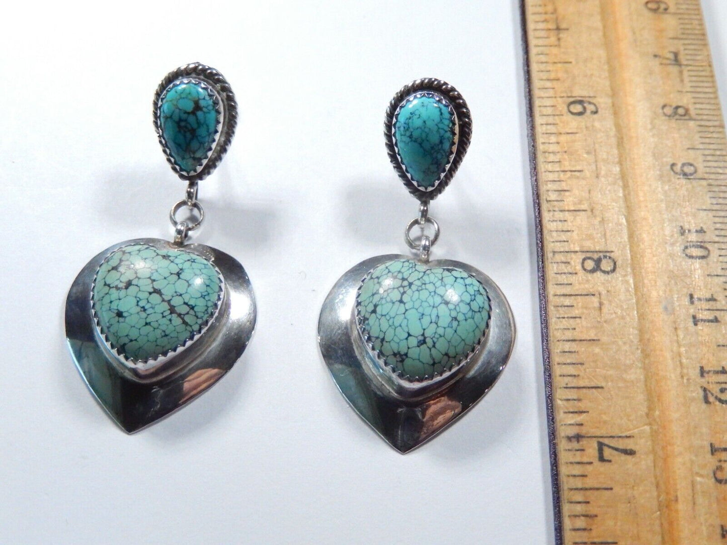 *VINTAGE*  LG Southwest Sterling Silver Turquoise Heart Dangle Earrings 2" Long