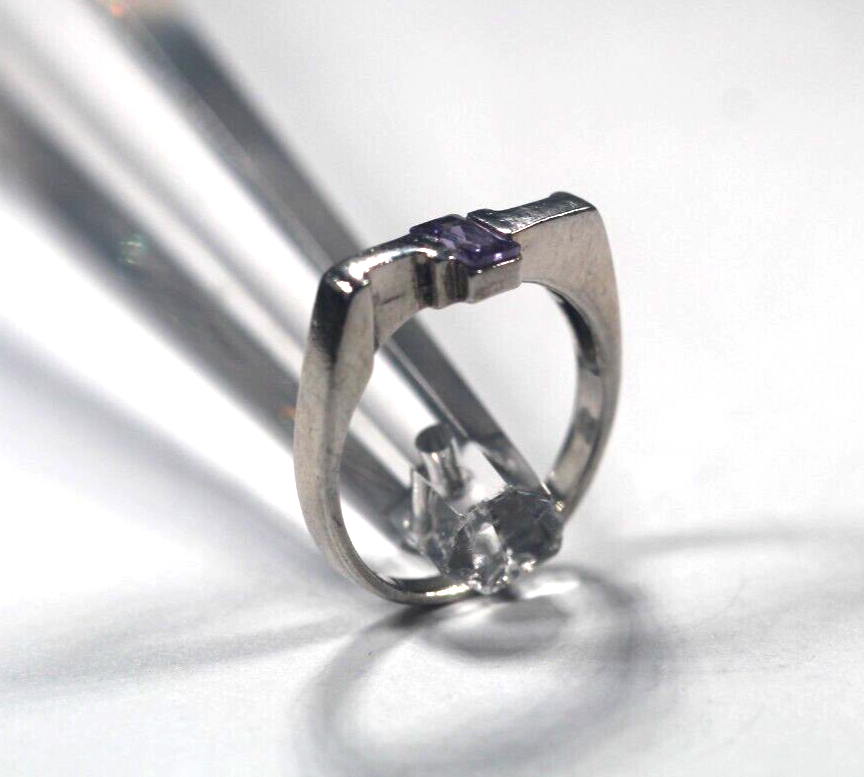 925 Sterling Silver Vintage Real Emerald-Cut Amethyst Size 6