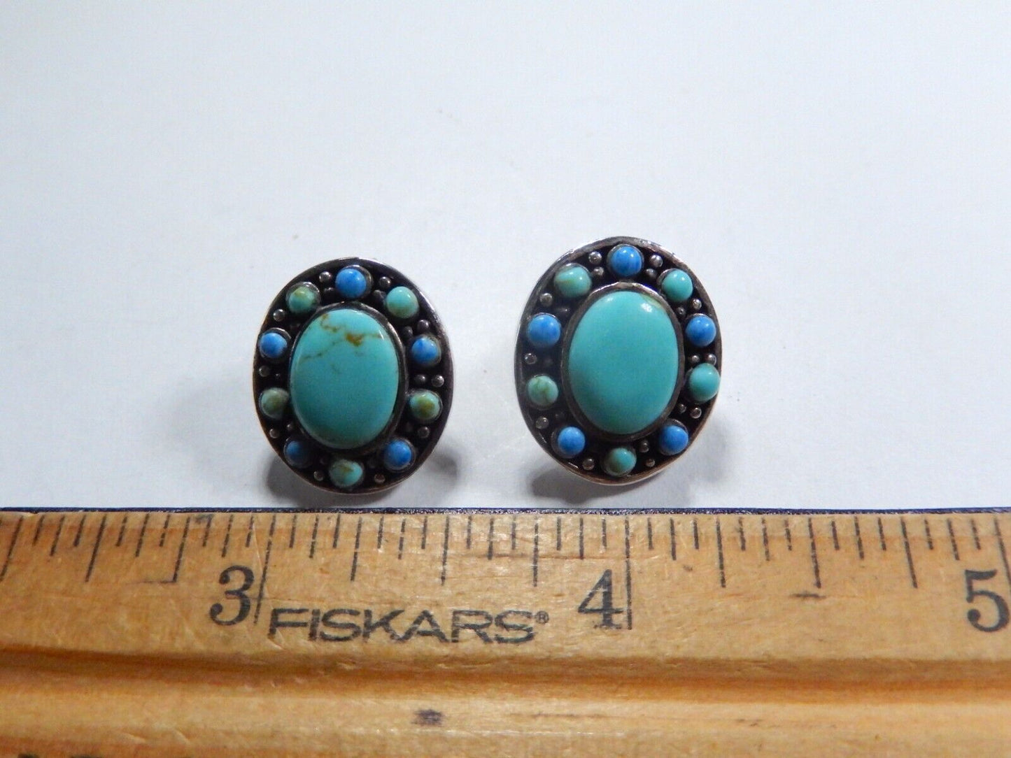 *VINTAGE* Southwest Sterling Silver Turquoise & Lapis Post Earrings 3/4" x 5/8"