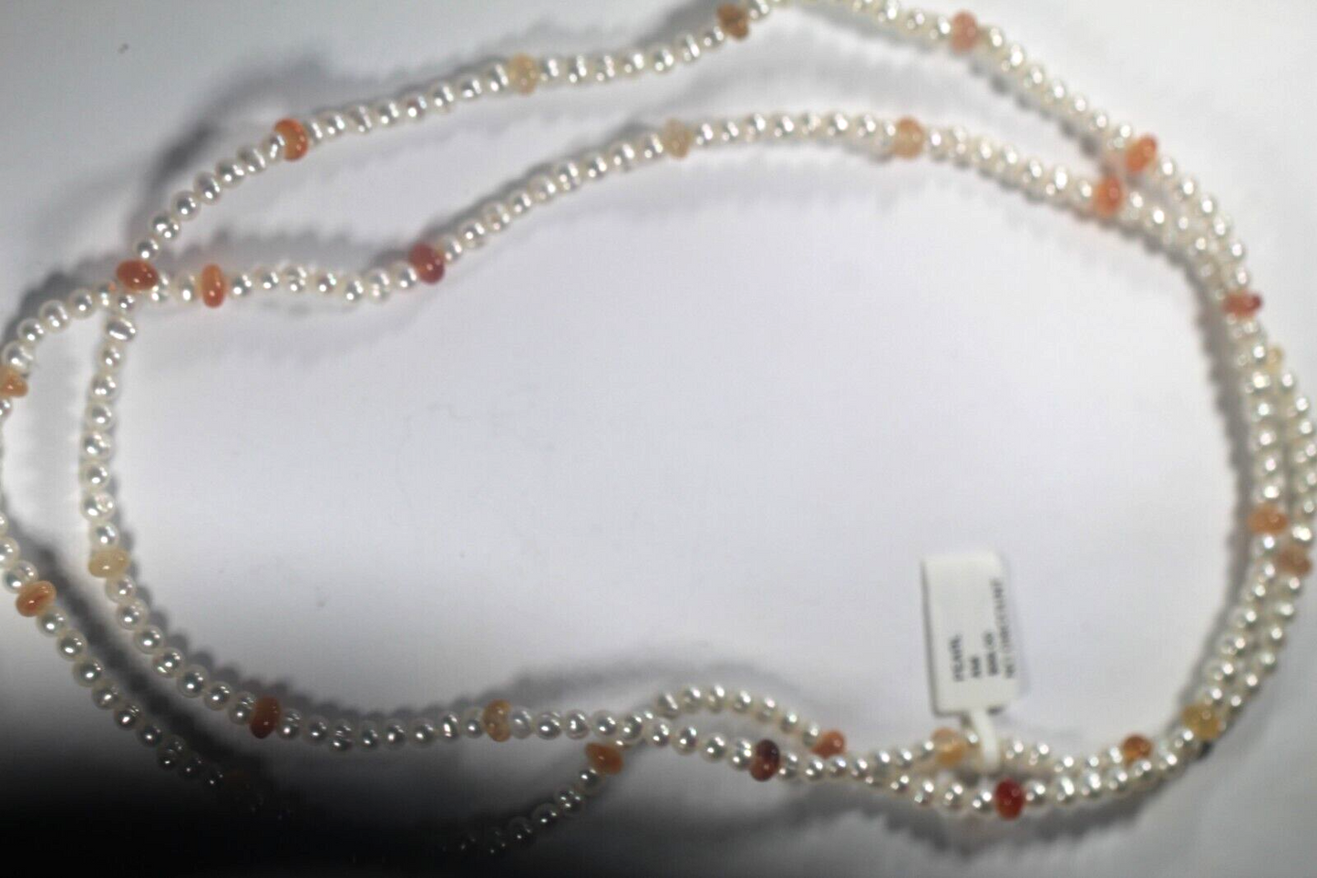 Long 36" Real 4-5mm White Baroque Pearl & Orange Gemstone Beads Necklace