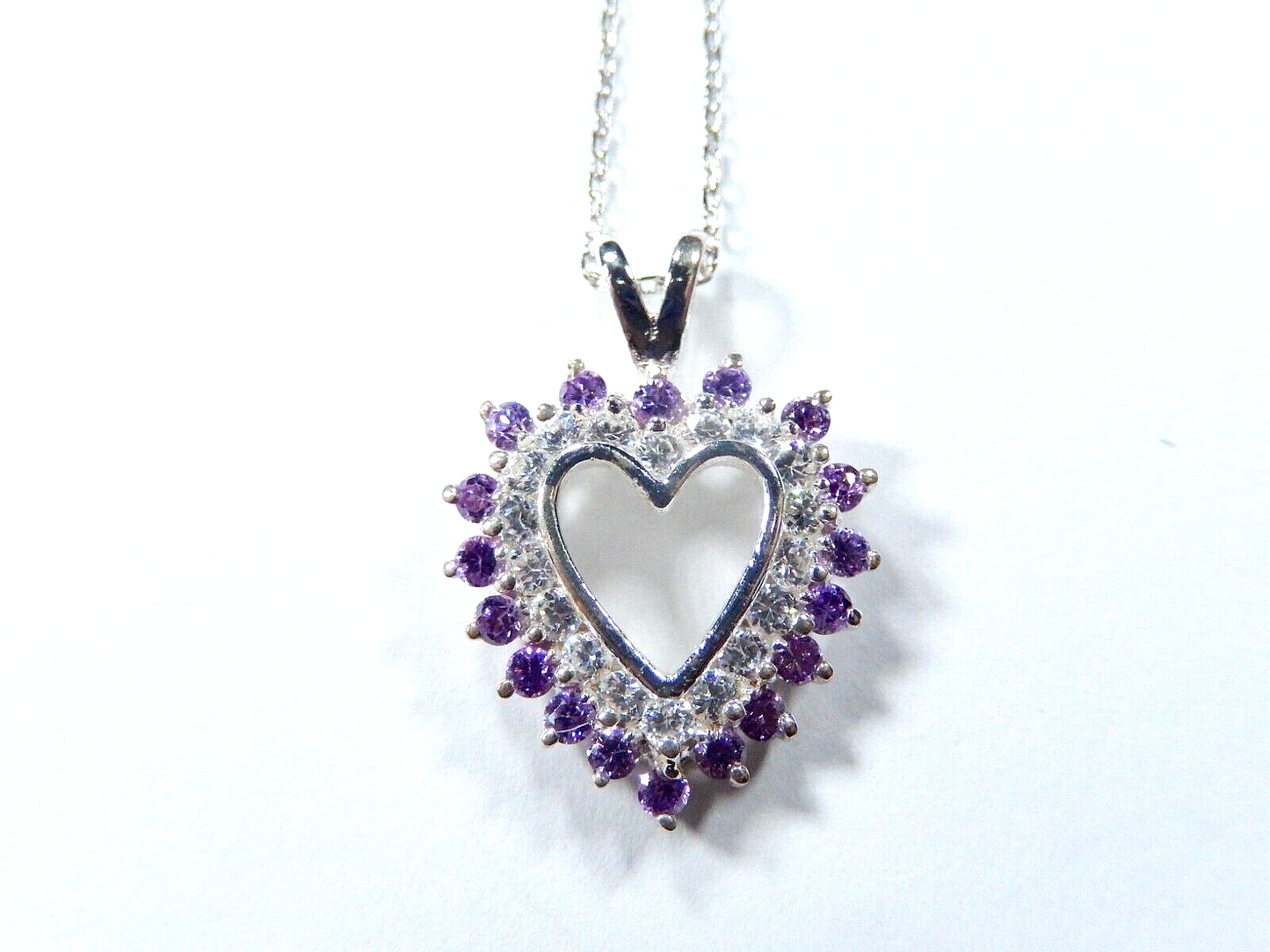 Purple Amethyst and Cubic Zirconia Heart Pendant Necklace Sterling Silver w/18"C