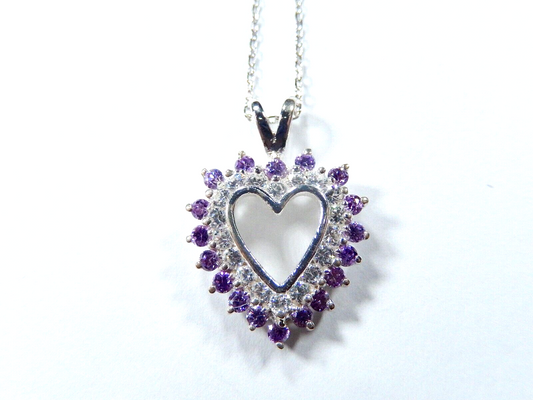 Purple Amethyst and Cubic Zirconia Heart Pendant Necklace Sterling Silver w/18"C