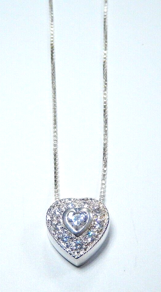 VINTAGE - Sterling Silver Clear CZ Heart Charm / Pendant w/18" Sterling Chain