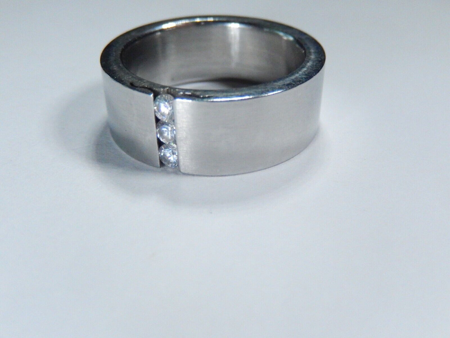 Stainless Steel 8 mm Three CZ Wedding Band Ring Size 7.75