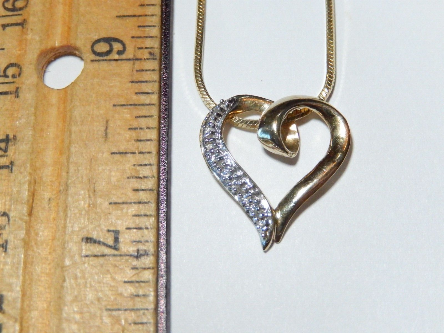 10K Yellow White Gold Floating Open Heart Pendant 5 Diamonds w 18 Chain