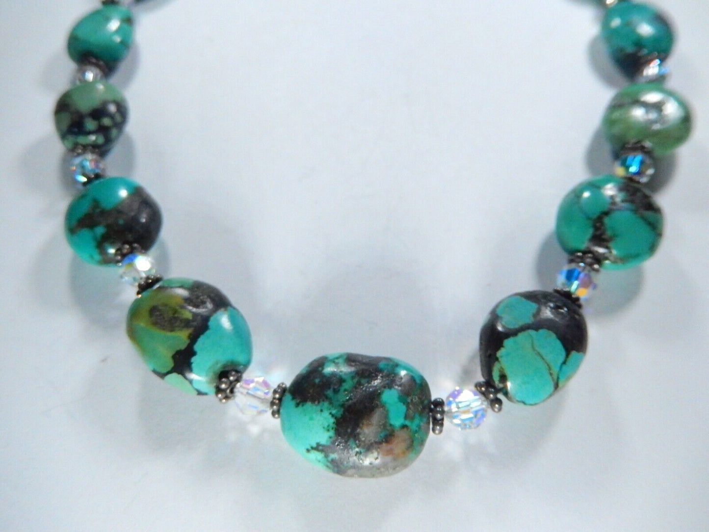 Natural Turquoise Beads With Crystal Beads Handmade Necklace 17"