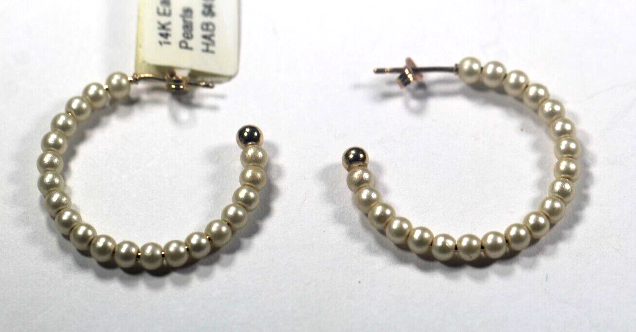 14K Yellow Gold Beaded Hoop Earrings White 3mm Pearl Fresh Water 1" Across