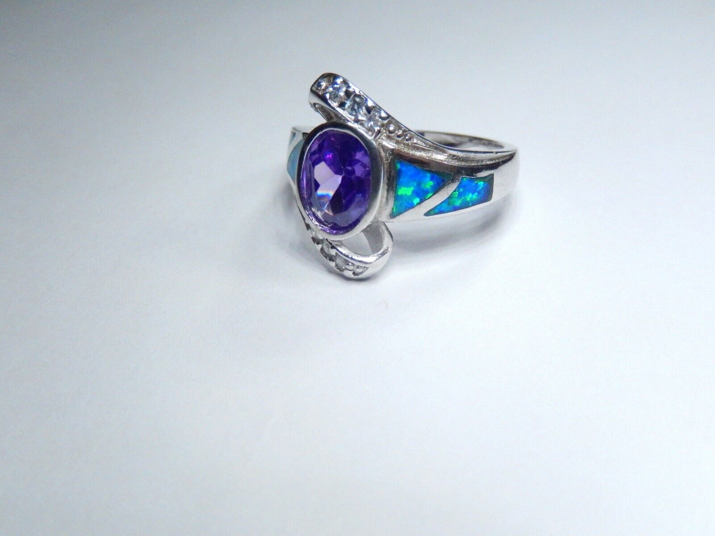Amethyst & Blue Fire Opal Inlay with CZ Accents 925 Sterling Silver Ring sz 7