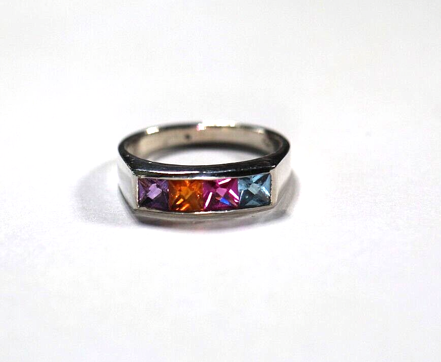 Sterling Silver 925  Multi Gem 3/16" Wide Band Ring Size 5.5