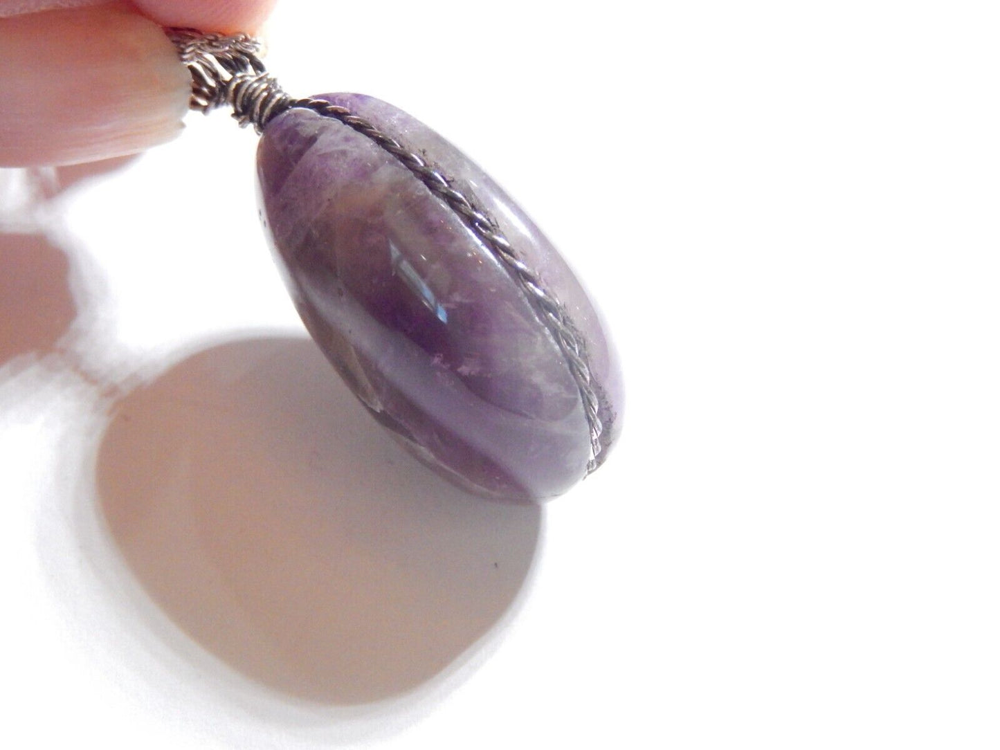 Handmade Large Amethyst Gemstone Sterling Wire Wrapped Pendant w/16" Rope Chain