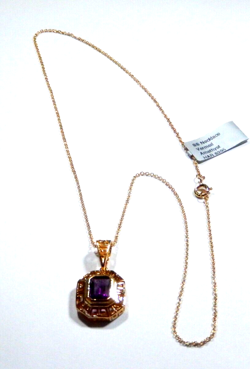 VINTAGE Victorian Gold Vermeil 25 CT Amethyst Pendant w 18 Vermeil Chain