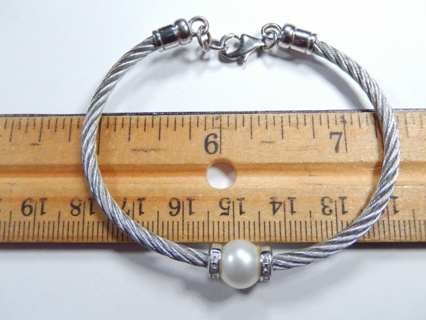 Women's Sterling Silver / Stainless Steel Diamond & Pearl Twist Bead Bracelet 7"
