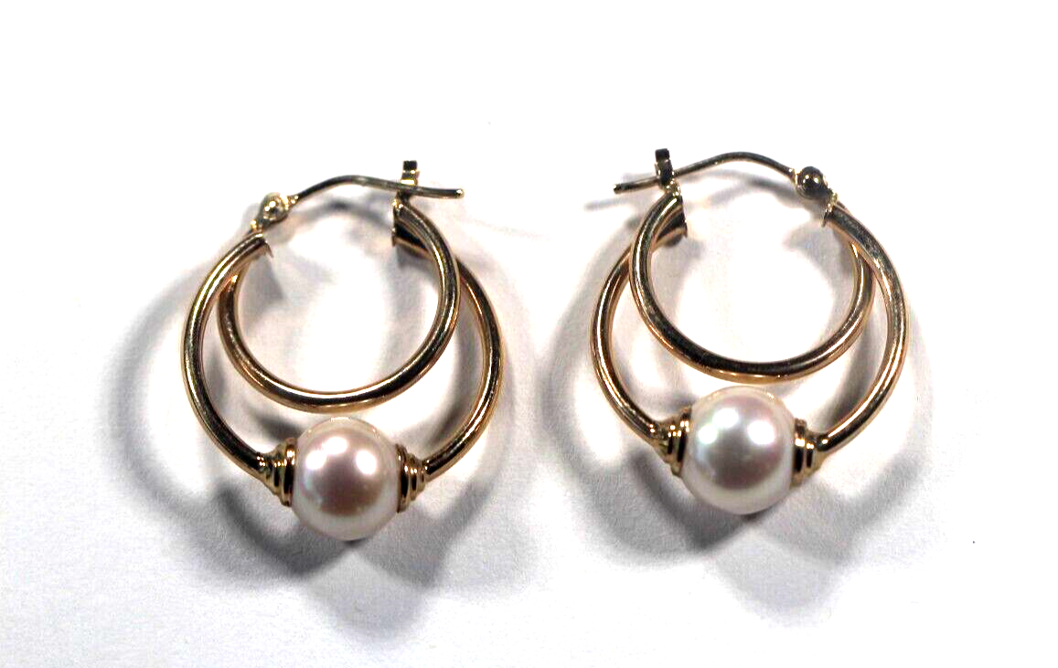 Solid 14K Yellow Gold 20 mm Double Hoop 8 mm Round Pearl Earrings