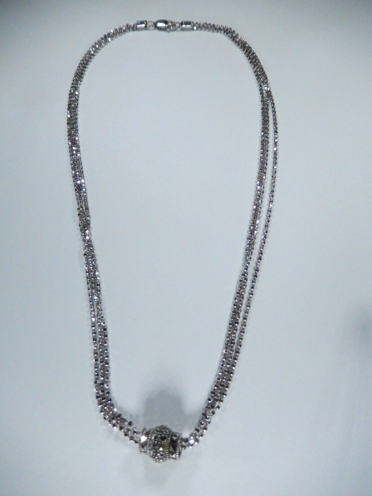 VINTAGE Sterling Silver Ball Bead Link Three Strand & Pendant Chain 16" Necklace