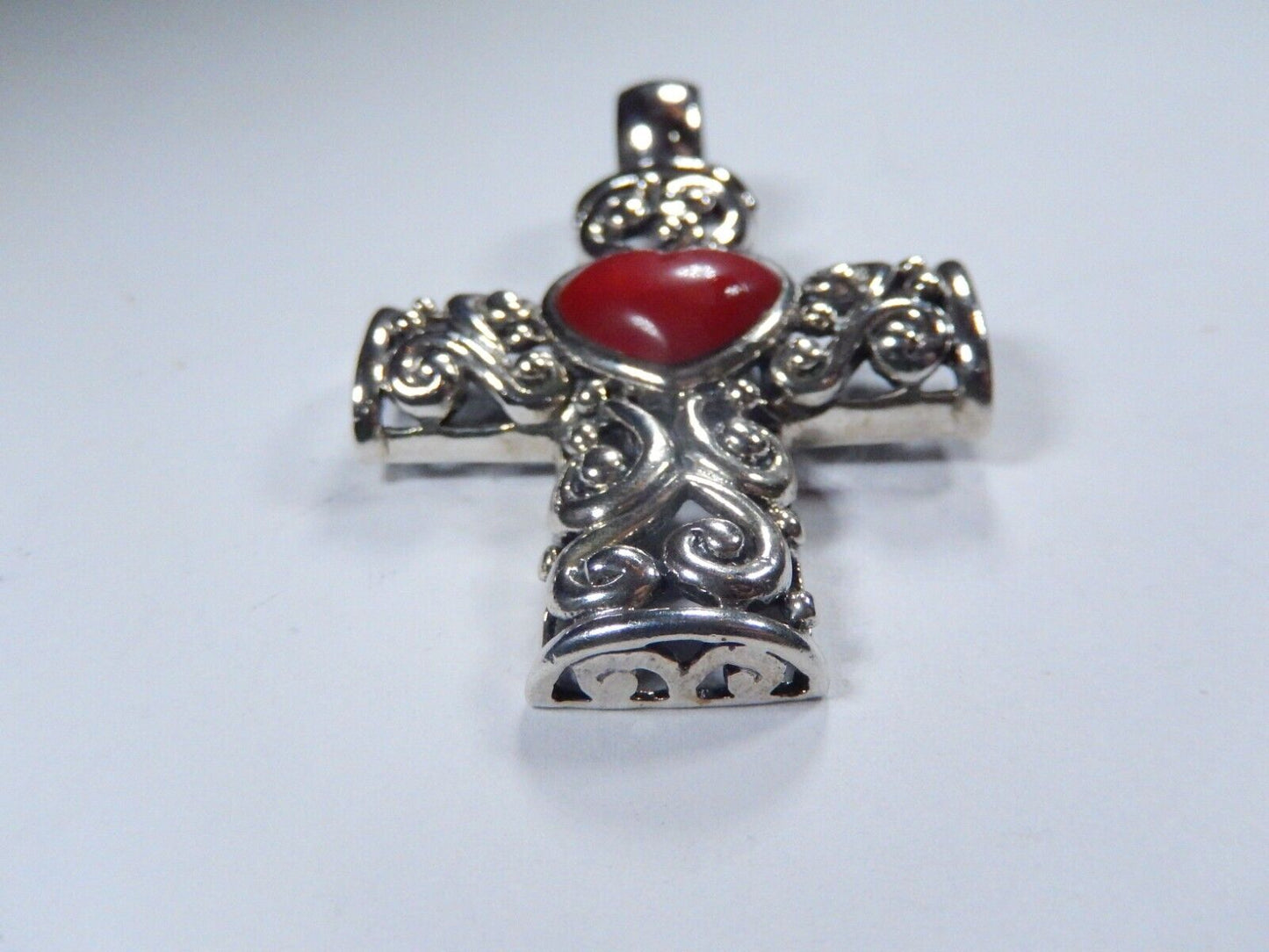 LARGE - Sterling Silver Filigree Cross Pendant with Red Coral Gemstone Heart