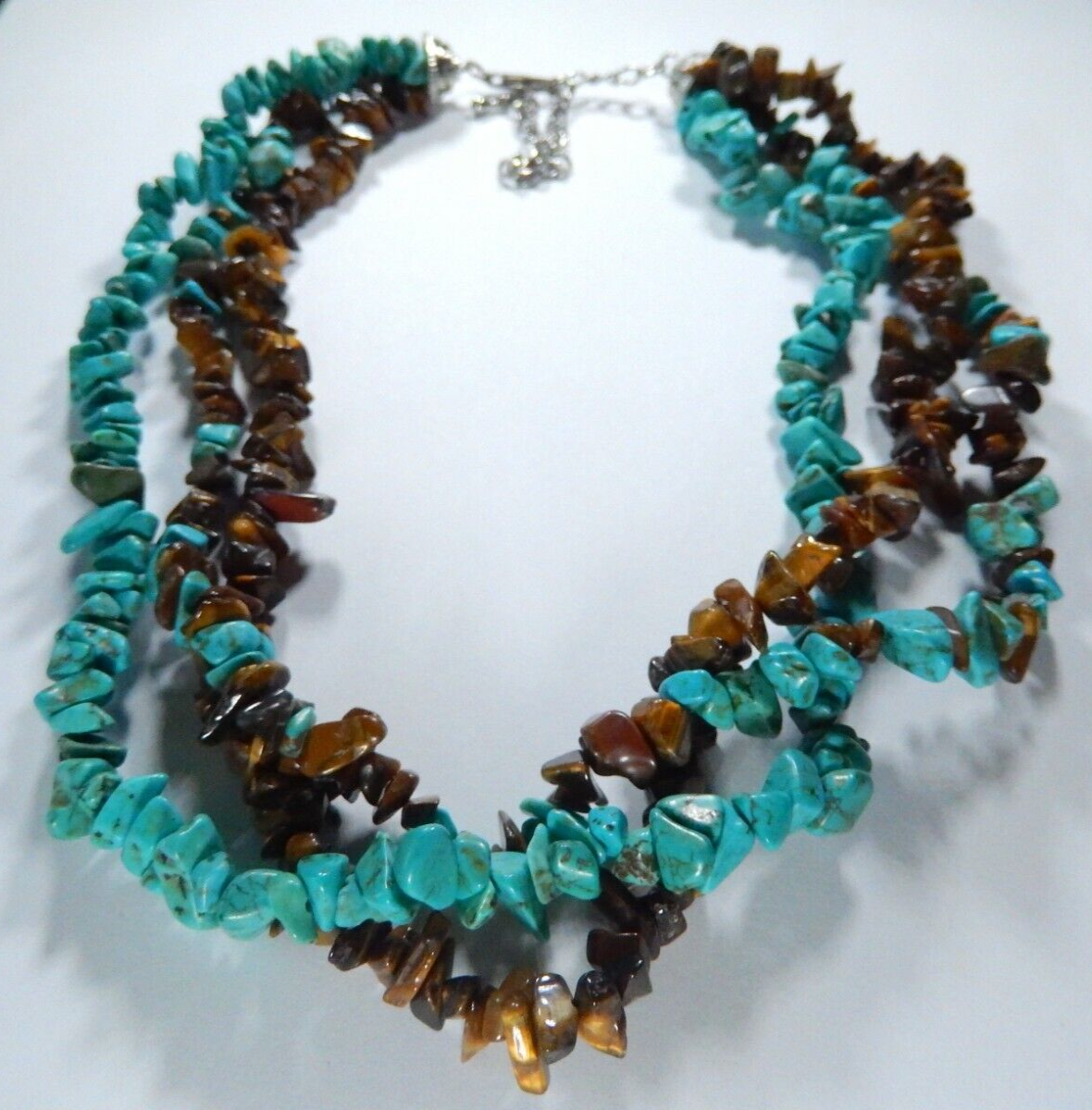 *VINTAGE* Three Strand Genuine Turquoise And Tiger Eye Nuggets Beads 18"Necklace