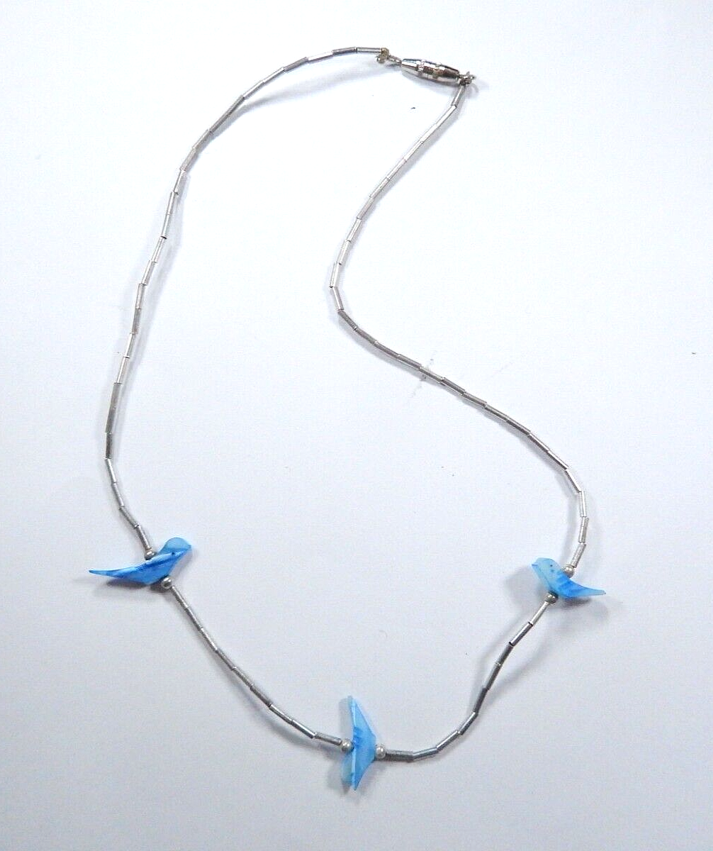*VINTAGE*  LAPIS BIRD FETISH Sterling Liquid Silver 14" Necklace