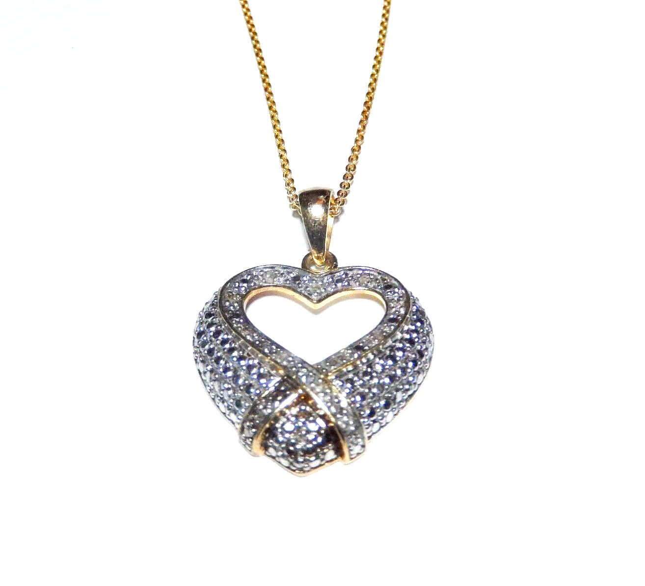 VINTAGE Gold Vermeil 925 Heart 17 Diamond Pendant w 18 Gold Vermeil Chain