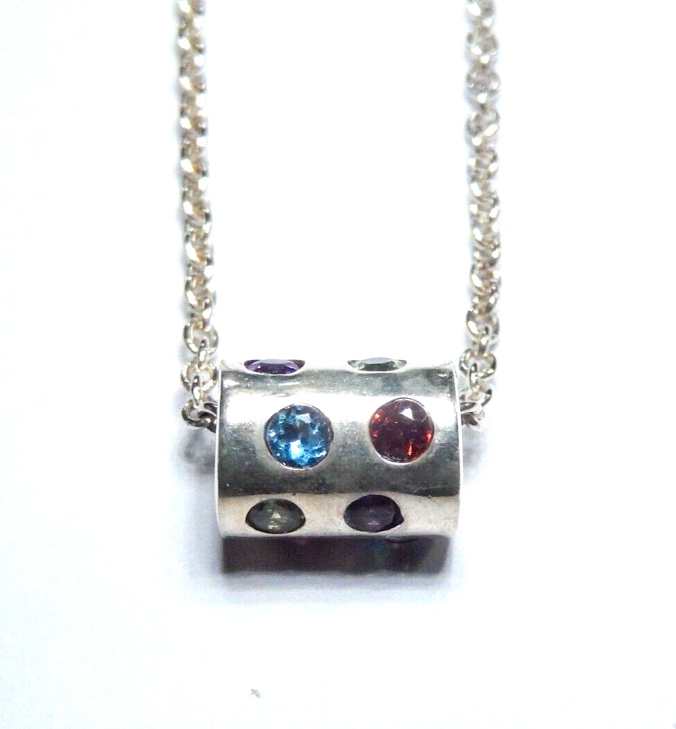 *VINTAGE*  Sterling Silver Rainbow Multi Gemstone Barrel Pendant w/16" Chain