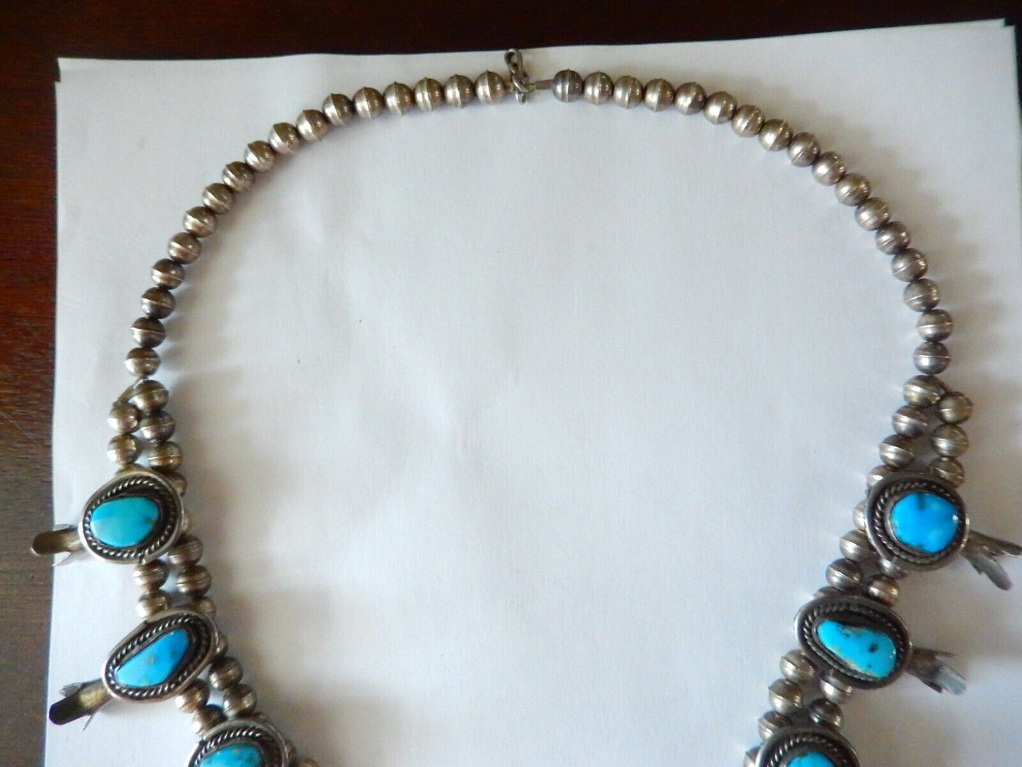 Vintage Navajo Sterling Silver & Turquoise Squash Blossom Necklace 155 gm - 24"