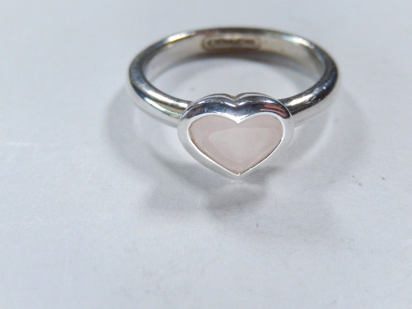 *VINTAGE* Sterling Silver Coach Ring with Rose Quartz Heart Shaped Stone Sz 7.75