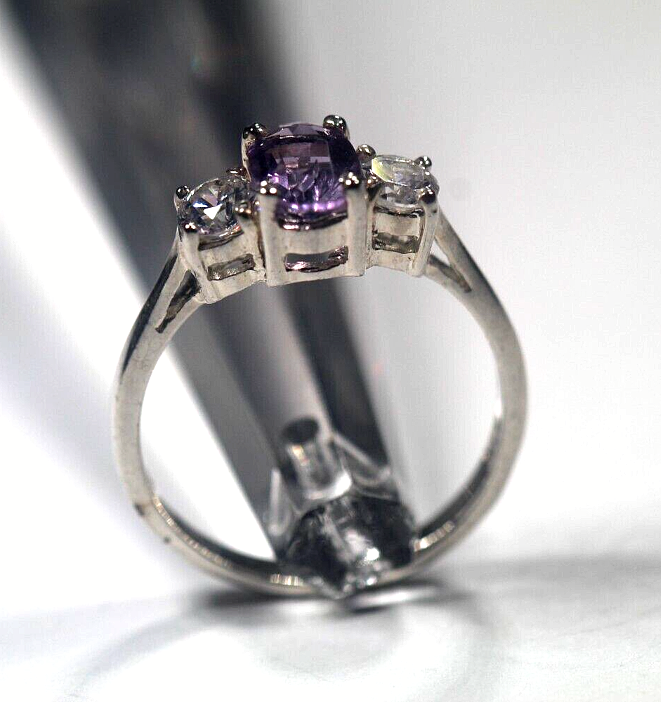 Oval Shape 925 Sterling Silver 9mm x 7mm Amethyst w/Side Accents Women Ring Sz 7