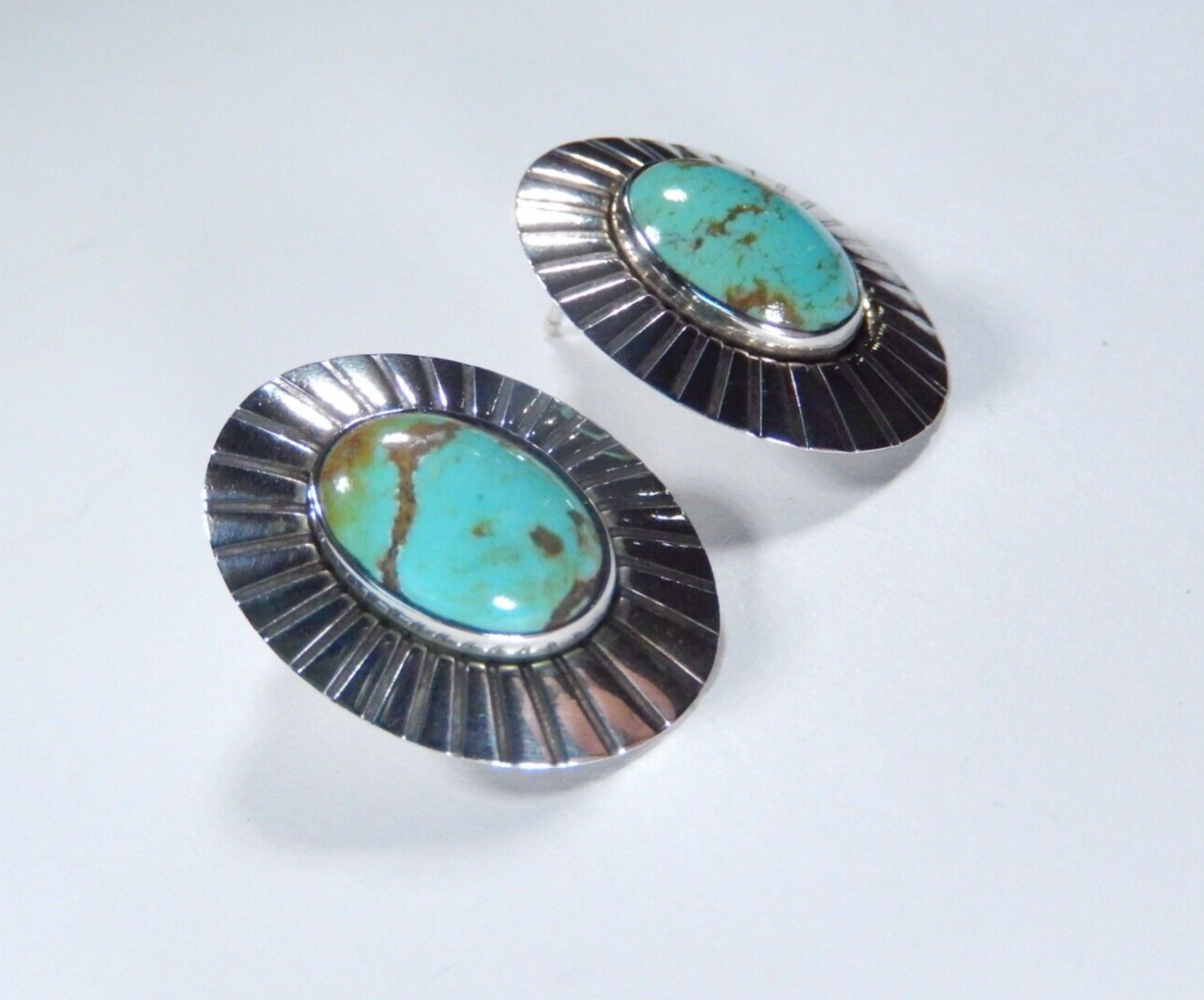 *VINTAGE*  Native American Sterling Silver Turquoise Post Earrings 1" x 3/4"